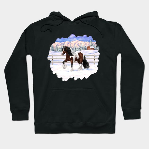 Bay Brown Pinto Skewbald Gypsy Vanner Draft Horse Trotting in Snow Hoodie by csforest